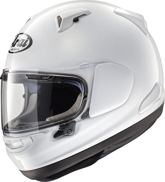 Arai Signet-X white motorcycle helmet in 2XL size with clear visor and aerodynamic design, displaying the Arai Helmets logo.