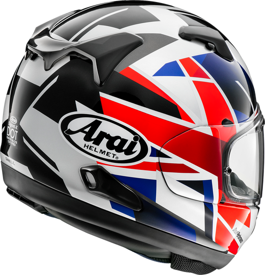Arai Signet-X helmet with UK flag design, featuring a full-face helmet in size XL from Arai Helmets.