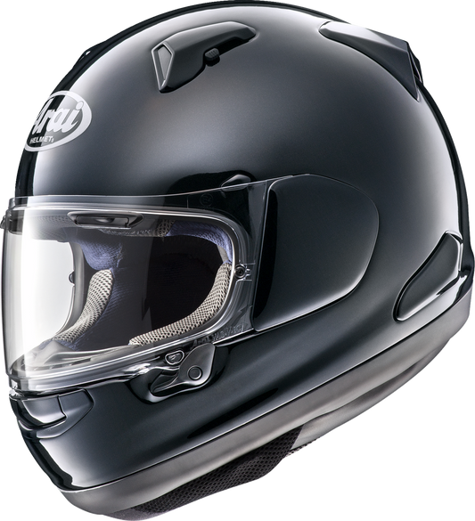 Arai Quantum-X Pearl Black motorcycle helmet in XS size, featuring aerodynamic design and secure chin strap.