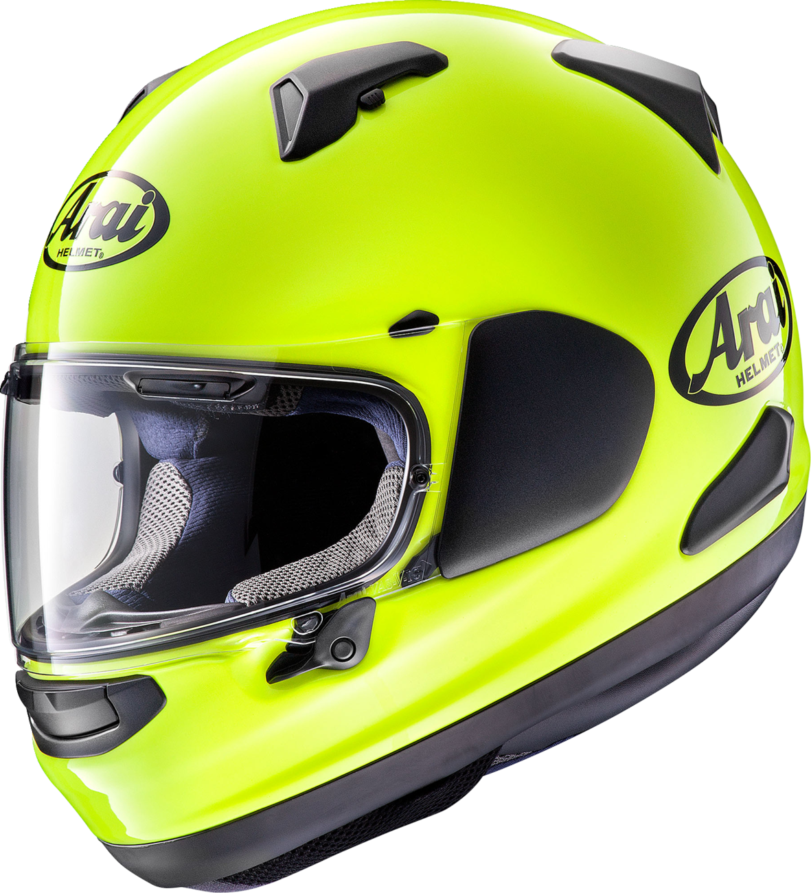 Arai Signet-X helmet in fluorescent yellow with 2XL size, featuring advanced ventilation and variable axis system for motorcycle riding.