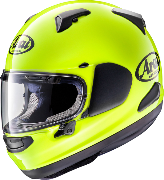 Arai Signet-X helmet in fluorescent yellow with 2XL size, featuring advanced ventilation and variable axis system for motorcycle riding.