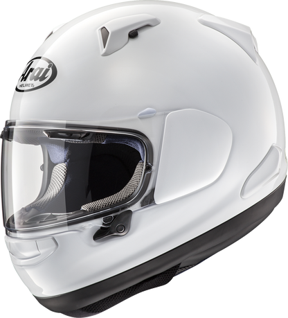 Arai Helmets Quantum-X helmet in white, large size, showcasing its aerodynamic design and smooth finish.