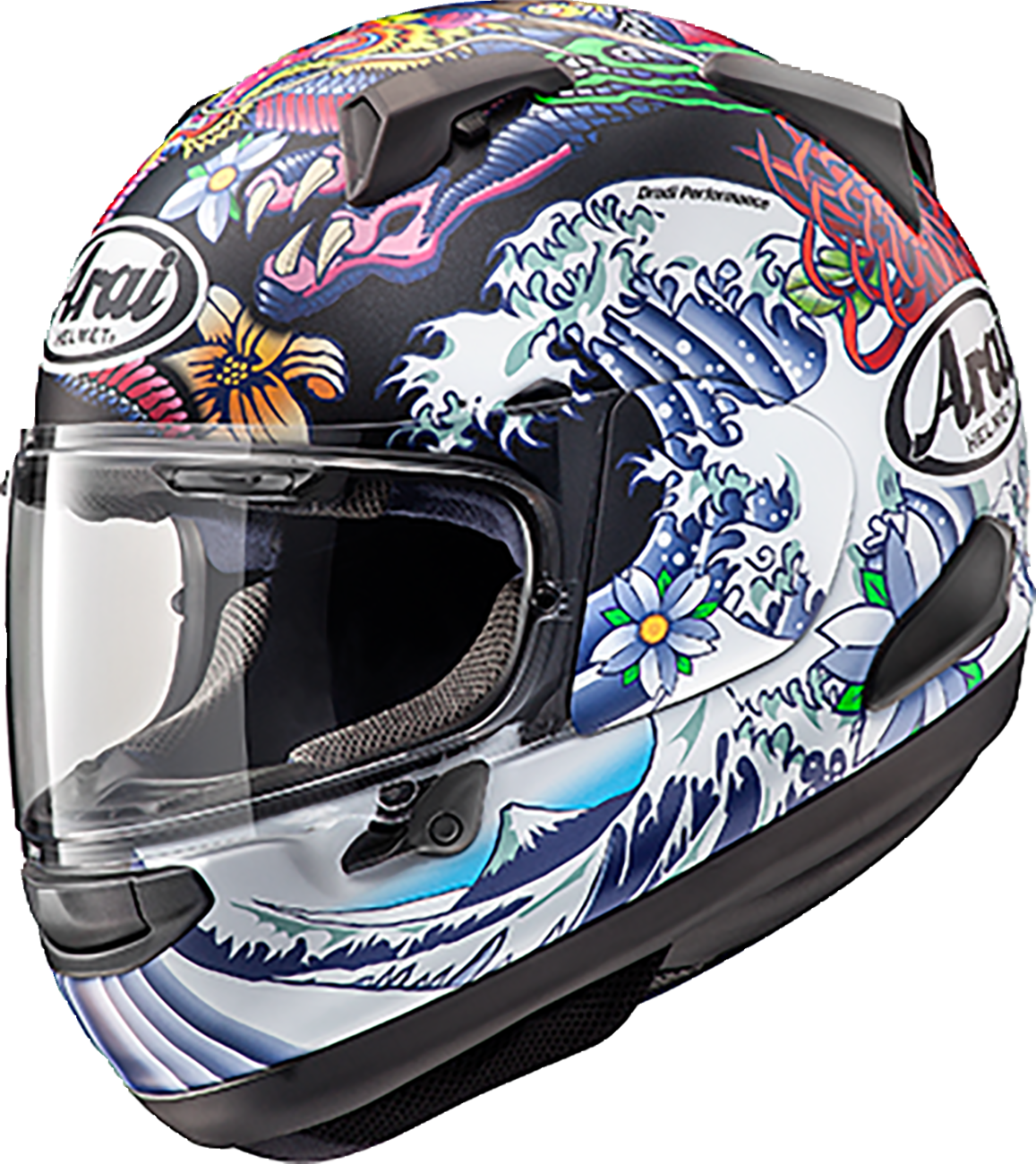 Arai Quantum-X helmet in Oriental Black Frost color, medium size, with sleek aerodynamic design and venting features.
