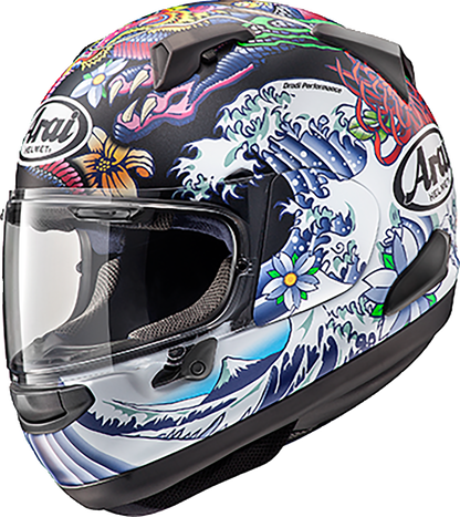Arai Quantum-X helmet in Oriental Black Frost color, medium size, with sleek aerodynamic design and venting features.