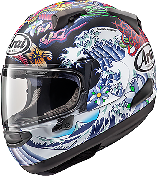 Arai Quantum-X helmet in Oriental Black Frost color, medium size, with sleek aerodynamic design and venting features.