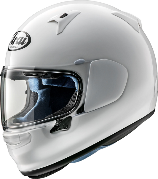 White ARAI HELMETS Regent-X motorcycle helmet in 2XL size, featuring aerodynamic design and clear visor for rider safety.