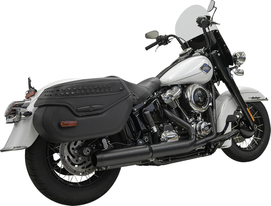 Black Bassani Xhaust 4-inch slip-on muffler with 2-1/2 x 10-inch baffle core, 49-state compliant, for motorcycle exhaust systems.