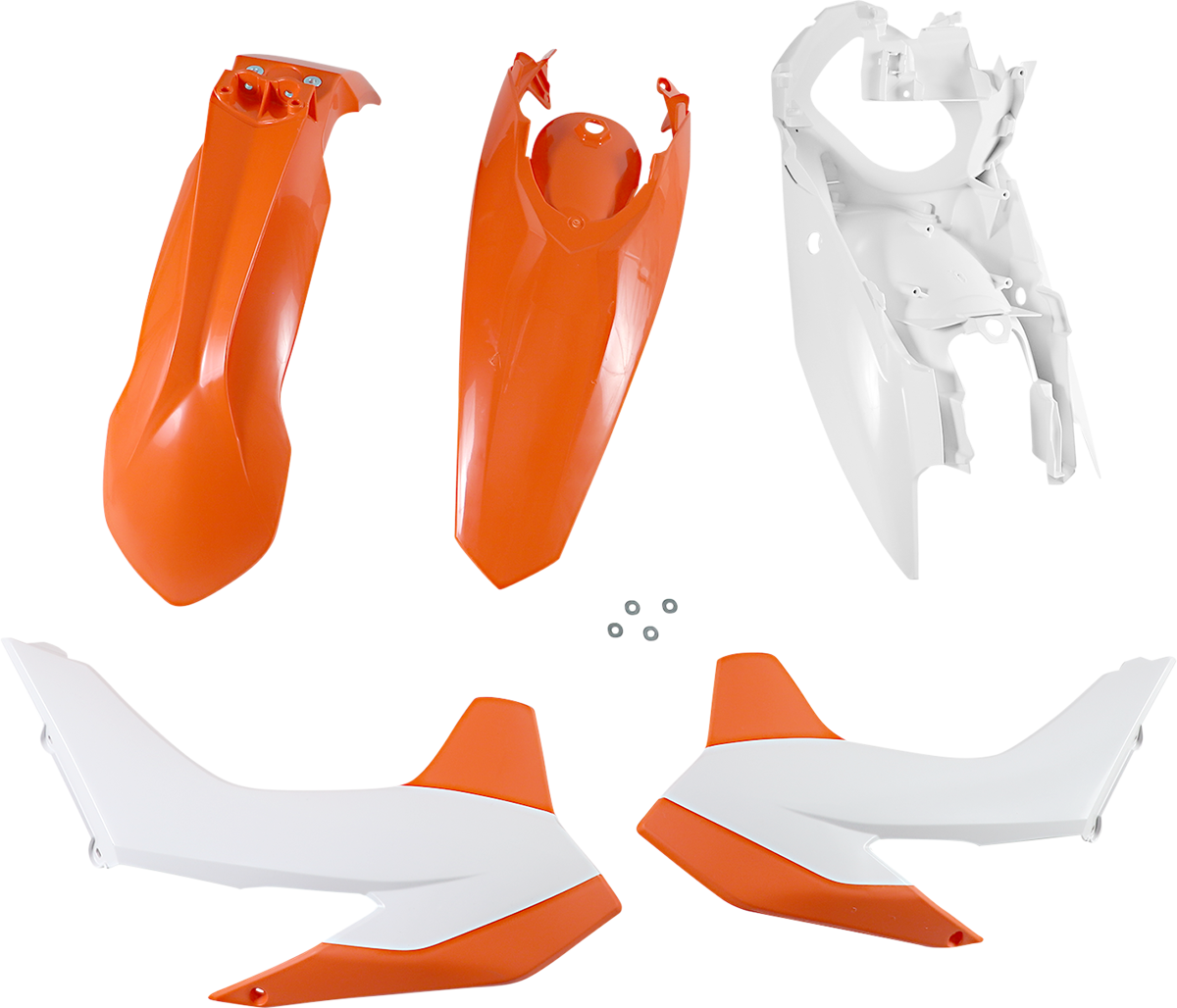 A bright orange Acerbis standard replacement body kit for motorcycle, featuring OEM design and fitted on a bike.