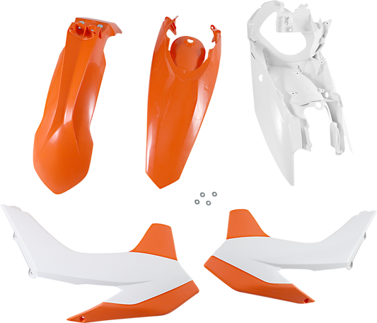 A bright orange Acerbis standard replacement body kit for motorcycle, featuring OEM design and fitted on a bike.