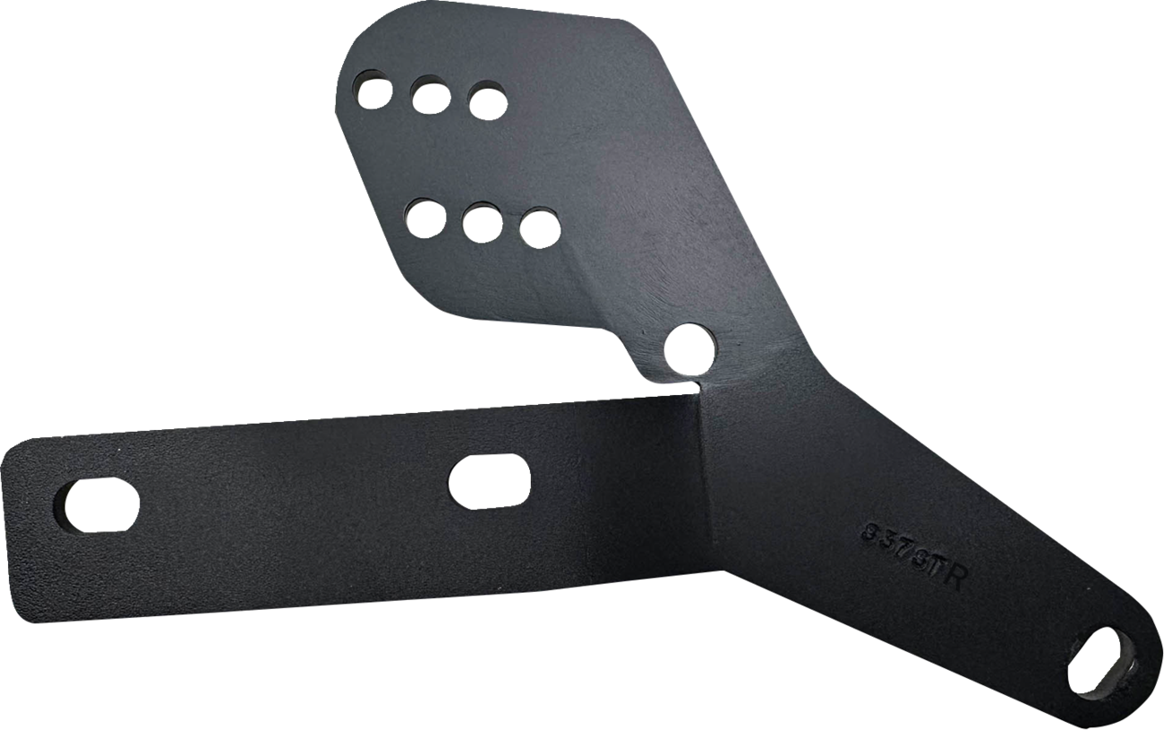 Black BASSANI XHAUST FXLRST/FXRST exhaust bracket with part number BKT-S37SRT, mounted on motorcycle, showcasing durable metal construction.