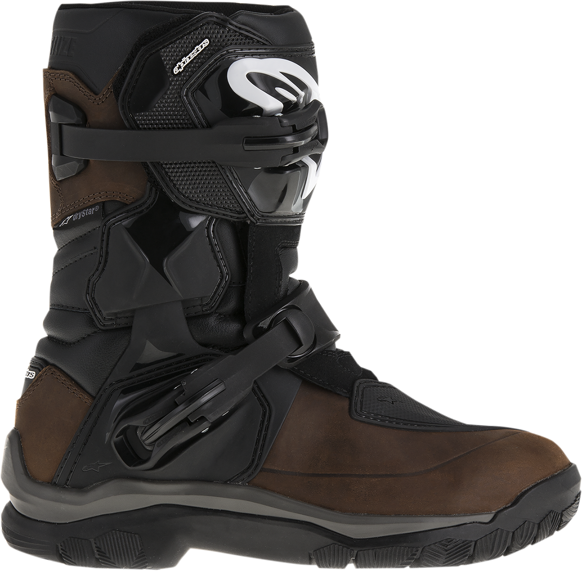 Alpinestars Belize Drystar® motorcycle boots in oiled brown with US 13 size, featuring sturdy leather and protective design.