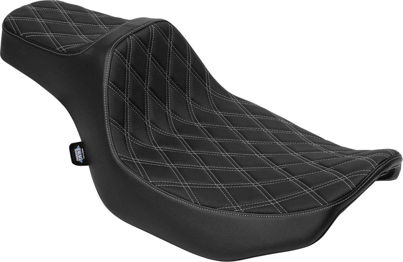 Drag Specialties Predator III Extended Reach Seat for FLT/FLH 2023-2025 with silver double diamond stitching, shown from side angle.