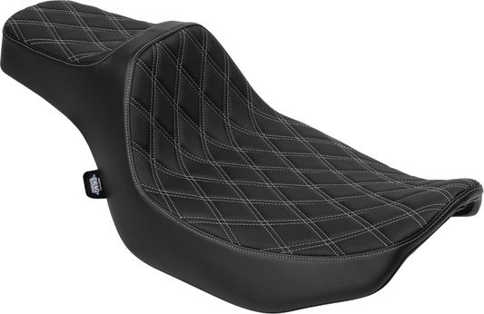 Drag Specialties Predator III Extended Reach Seat for FLT/FLH 2023-2025 with silver double diamond stitching, shown from side angle.