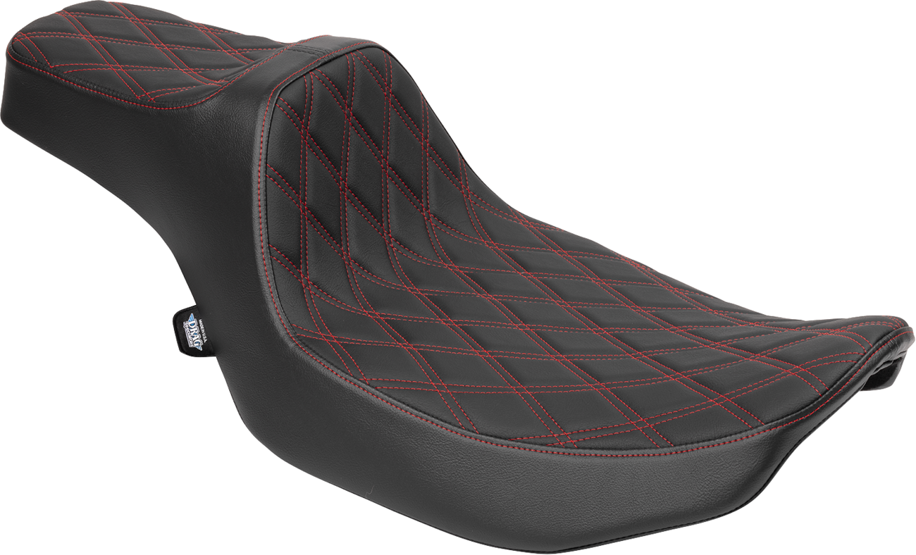 Drag Specialties Predator III extended reach seat for FLT/FLH motorcycles, red double diamond stitching and ergonomic design.