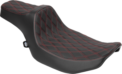 Drag Specialties Predator III extended reach seat for FLT/FLH motorcycles, red double diamond stitching and ergonomic design.