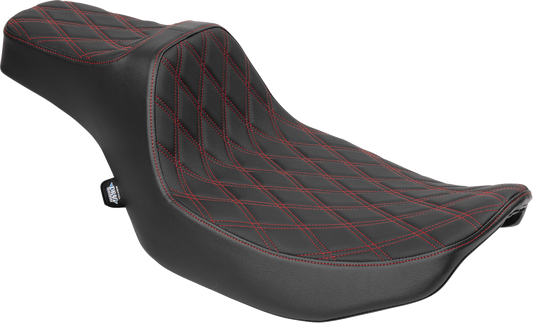 Drag Specialties Predator III extended reach seat for FLT/FLH motorcycles, red double diamond stitching and ergonomic design.