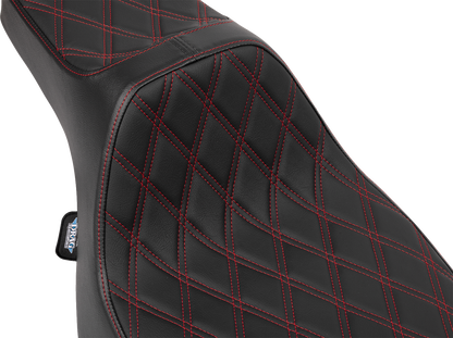 Drag Specialties Predator III extended reach seat for FLT/FLH motorcycles, red with double diamond stitching, comfortable bike seat.