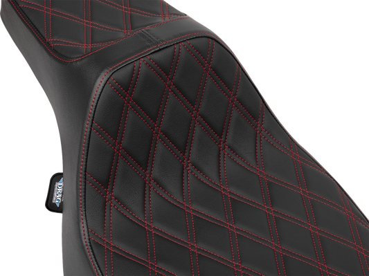 Drag Specialties Predator III extended reach seat for FLT/FLH motorcycles, red with double diamond stitching, comfortable bike seat.