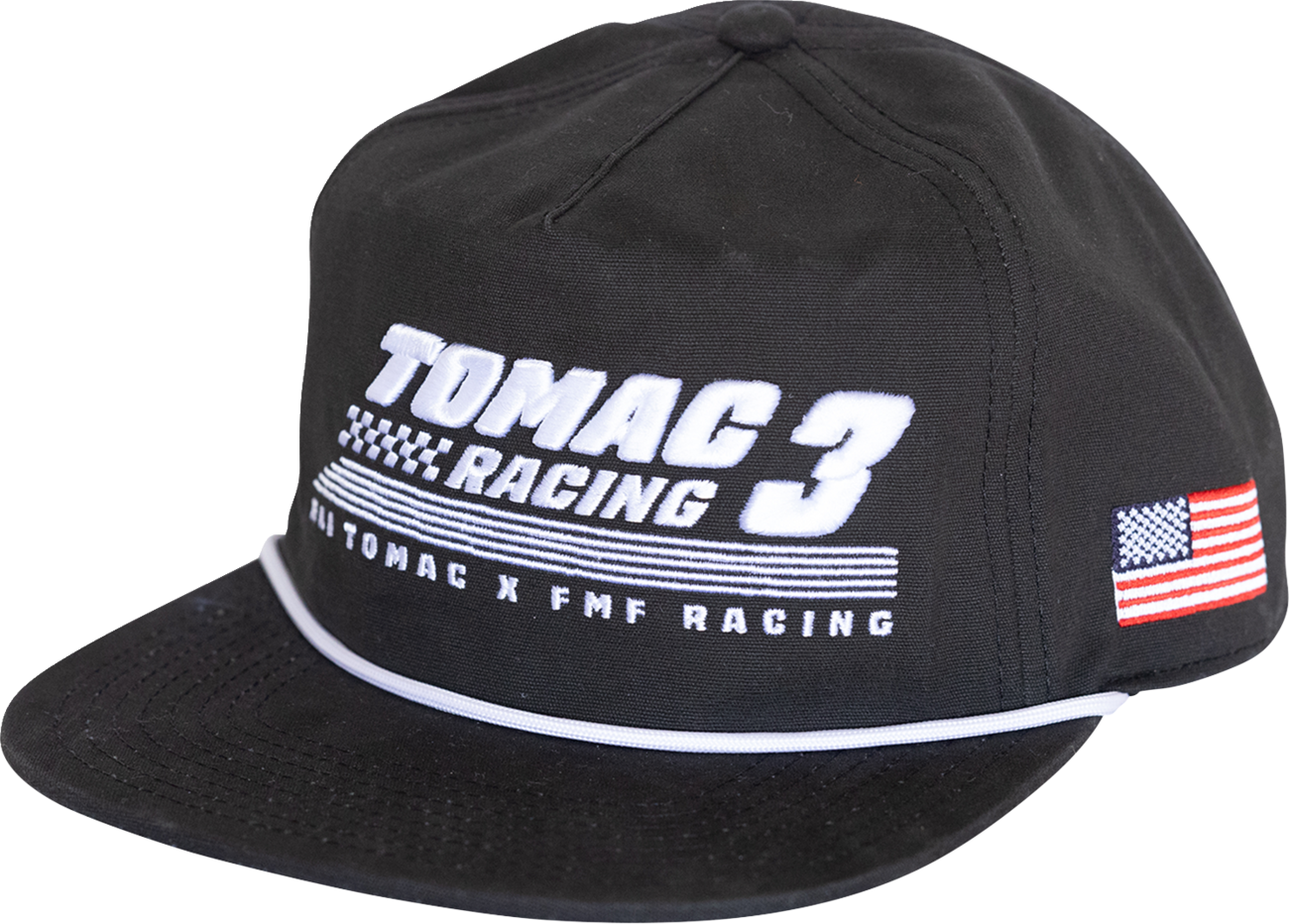 FMF ET3 Trackside Hat in black, casual men's hat featuring FMF branding, with a curved brim and adjustable strap.
