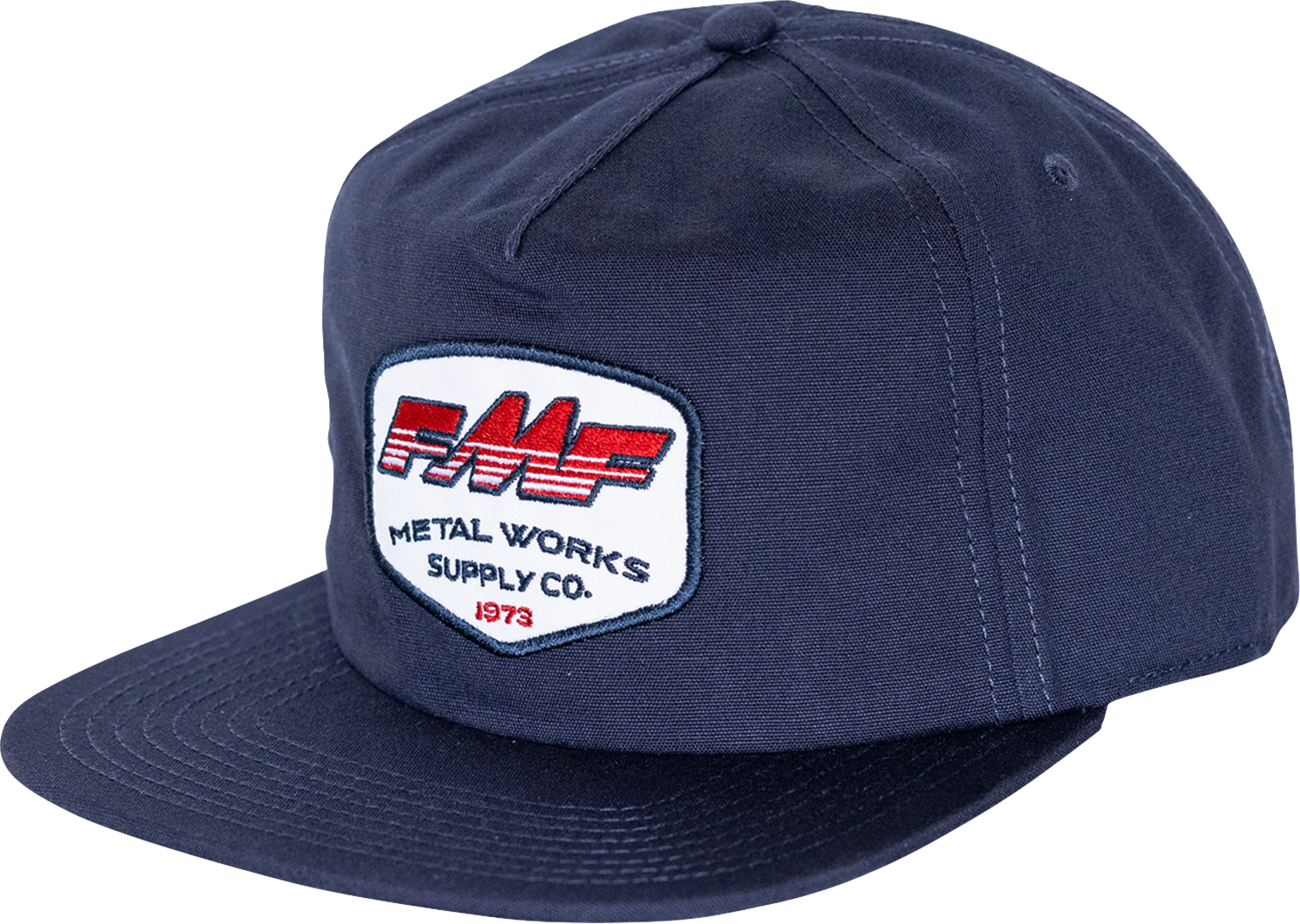 FMF navy supplier hat with adjustable strap and embroidered logo, casual headwear for outdoor and everyday wear.