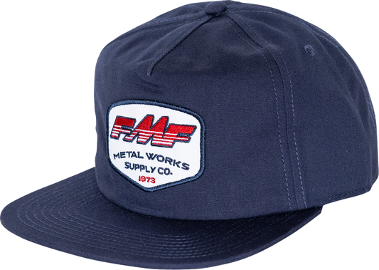 FMF navy supplier hat with adjustable strap and embroidered logo, casual headwear for outdoor and everyday wear.