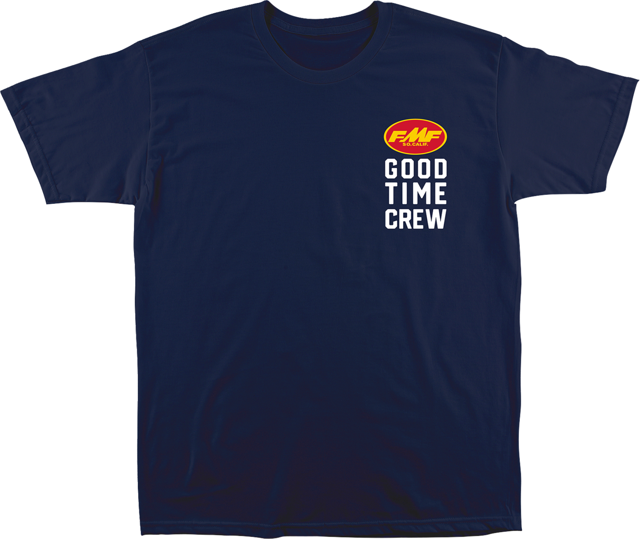 FMF Good Time navy crew T-shirt, large size, casual cotton shirt with printed graphic design, front view.
