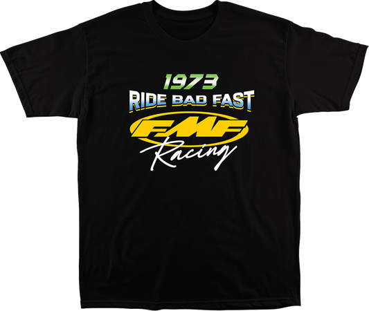 FMF Photo Finish black XL T-shirt made of soft spun cotton with plastisol print, featuring a comfortable fit and graphic design.