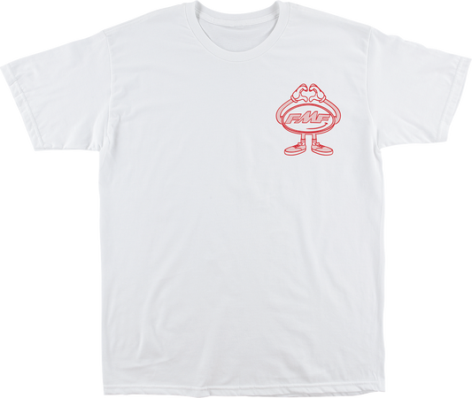 White FMF Breakin Hearts T-shirt with front and back graphic, made of soft spun cotton, in medium size.