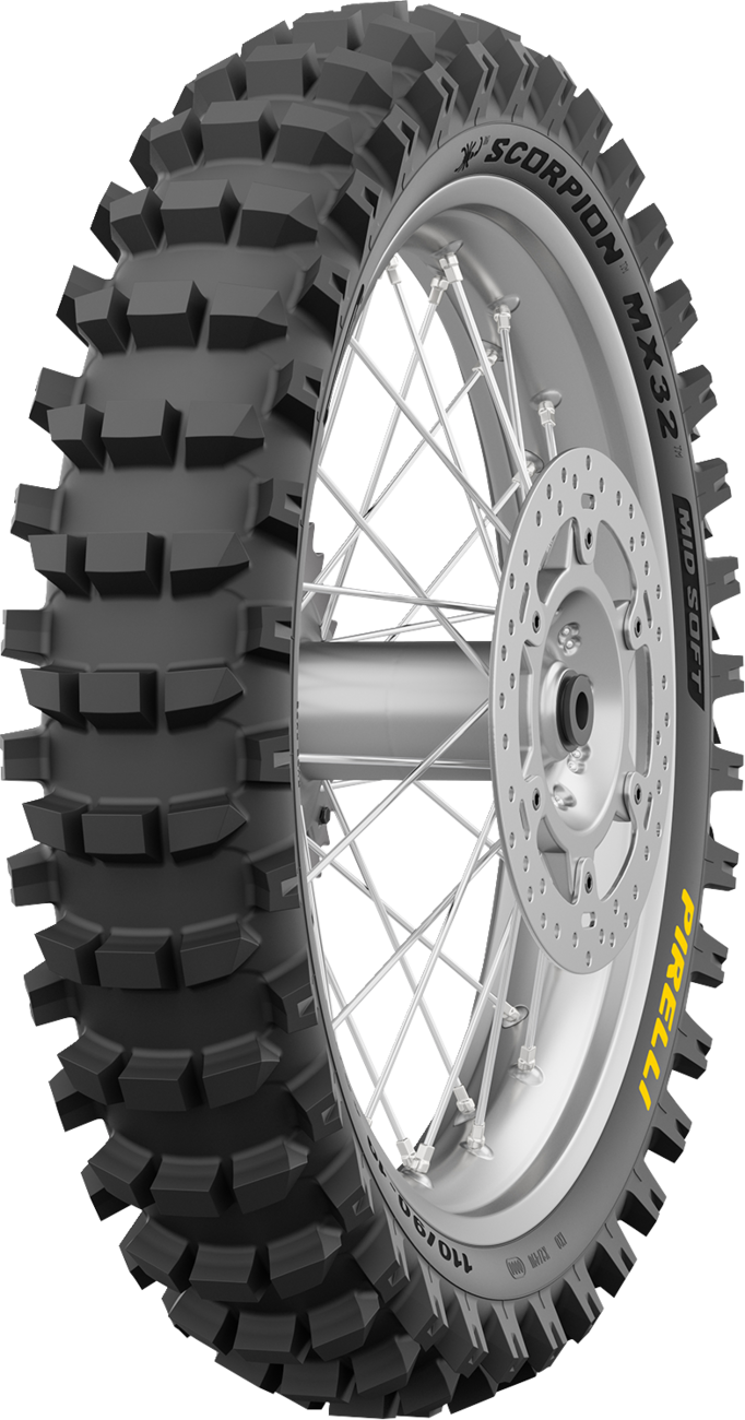 PIRELLI Scorpion MX32 Mid Soft Rear Tire for off-road motorcycles, size 120/90-19, showing tread pattern and sidewall details.