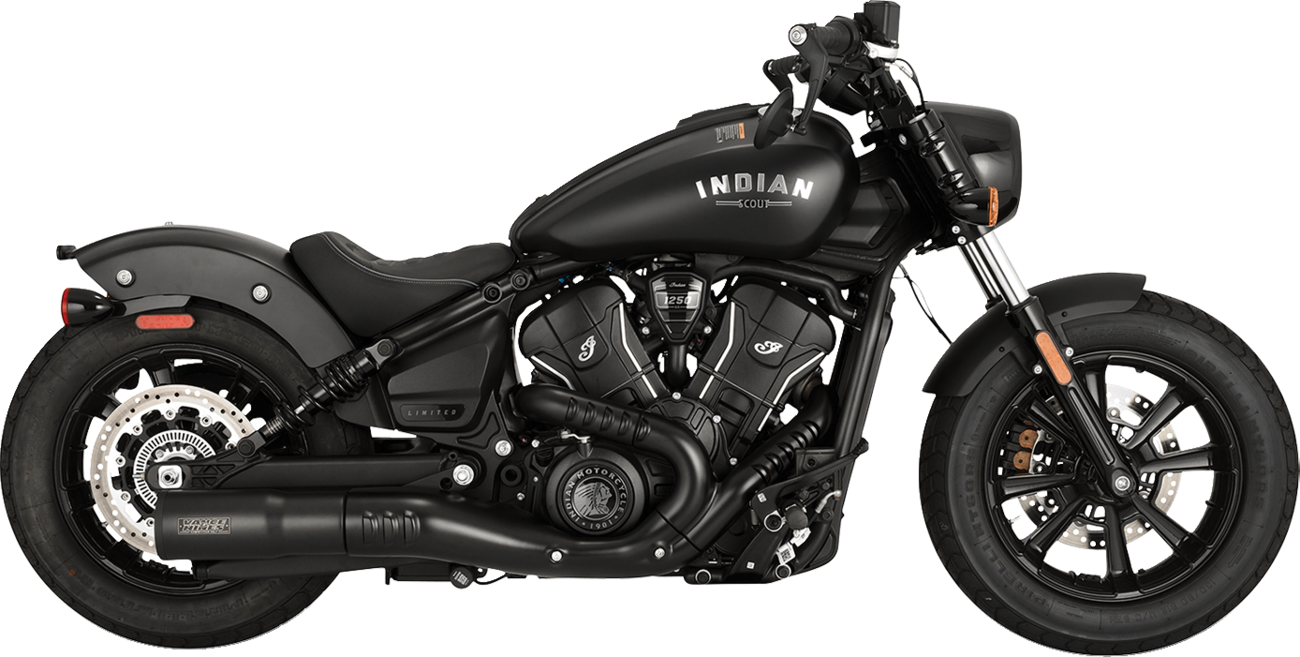 VANCE & HINES Hi-Output Slip-On Muffler in black installed on Indian Scout motorcycle, showcasing sleek exhaust design.