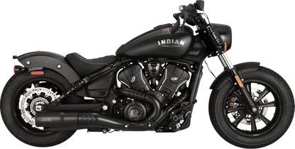 VANCE & HINES Hi-Output Slip-On Muffler in black installed on Indian Scout motorcycle, showcasing sleek exhaust design.
