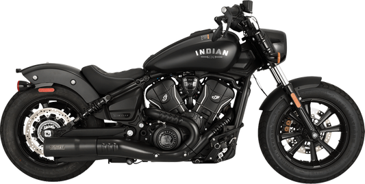 VANCE & HINES Hi-Output Slip-On Muffler in black installed on Indian Scout motorcycle, showcasing sleek exhaust design.