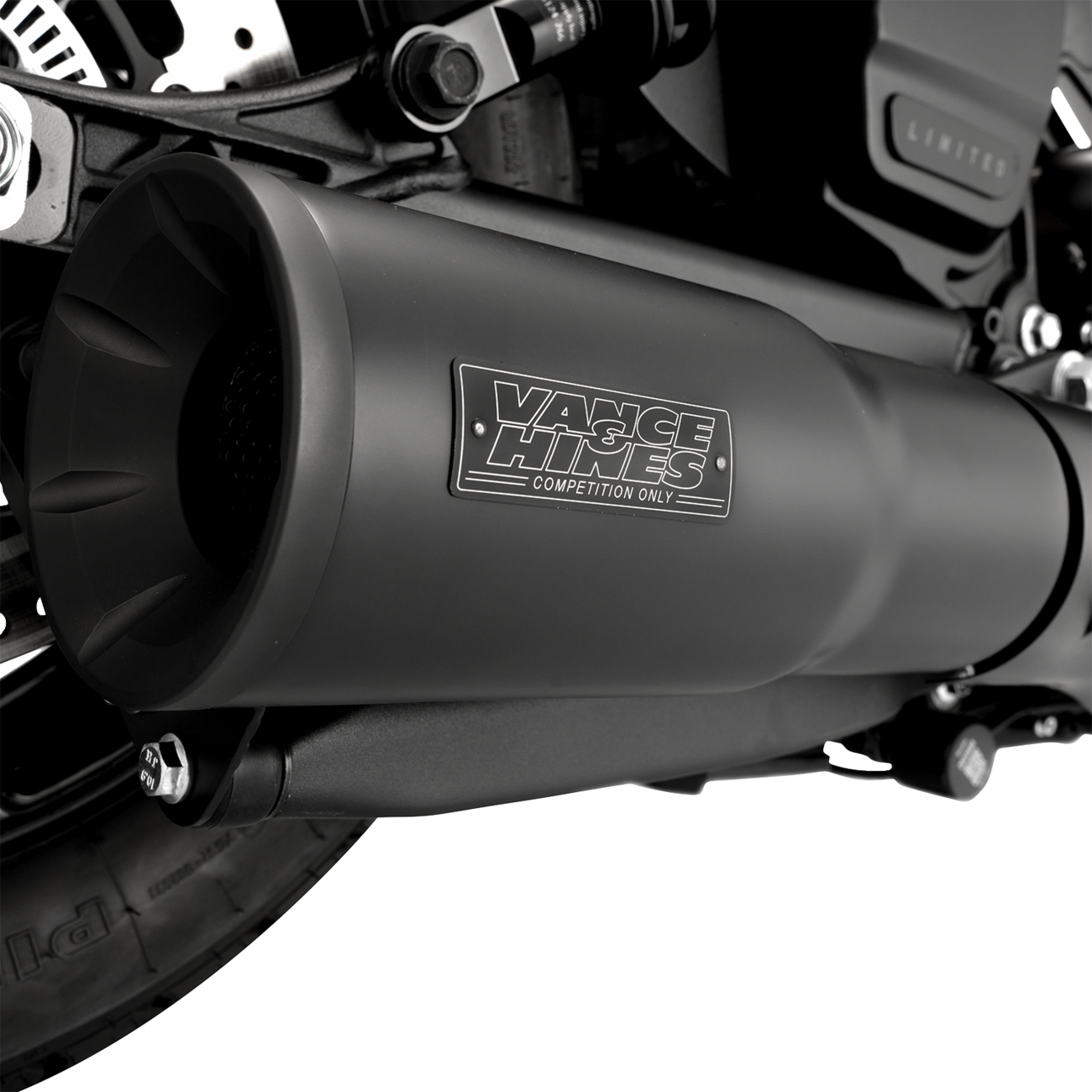 VANCE & HINES Hi-Output Slip-On Muffler 48627 in black installed on Indian Scout or Bobber motorcycle.