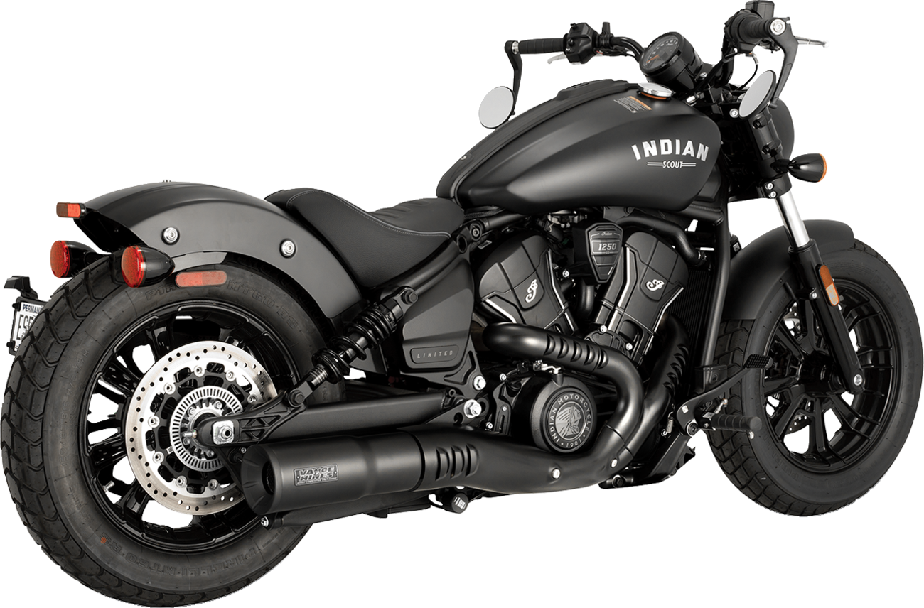 VANCE & HINES Hi-Output Slip-On Muffler in black for Indian Scout and Bobber motorcycles, shown on a motorcycle exhaust system.
