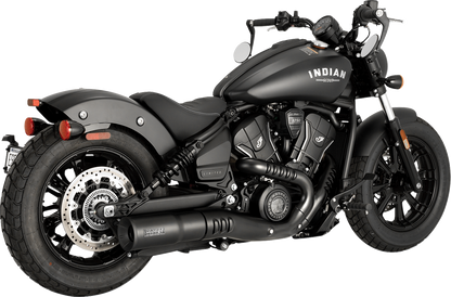 VANCE & HINES Hi-Output Slip-On Muffler in black for Indian Scout and Bobber motorcycles, shown on a motorcycle exhaust system.