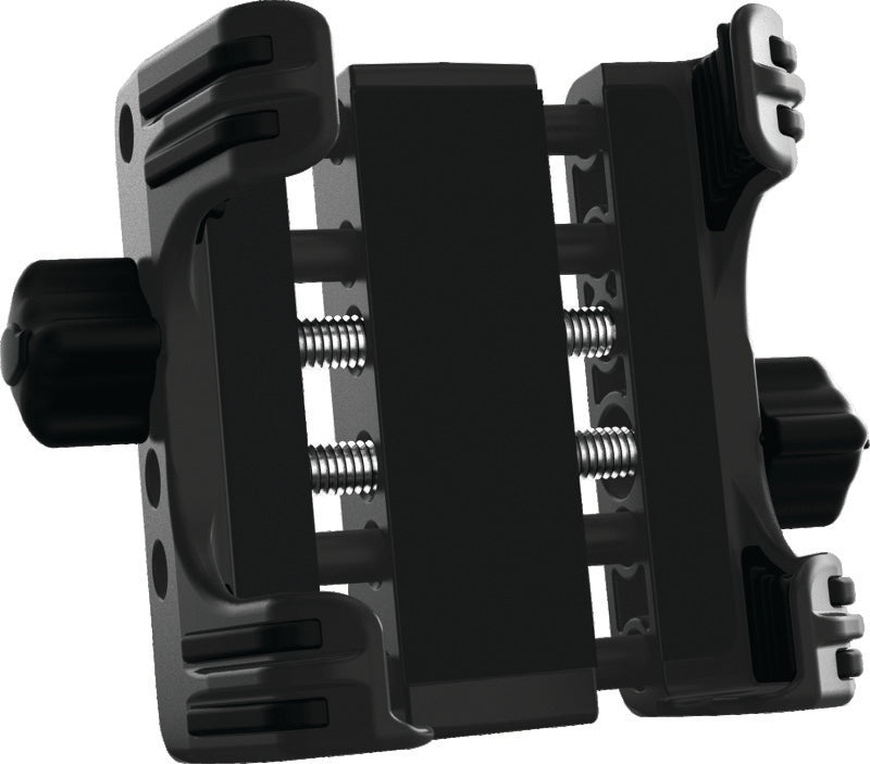 Kuryakyn Tech Connect Device Holder in black, adjustable for 1-5/8 to 3-5/8 inches wide, mounted on a motorcycle handlebar