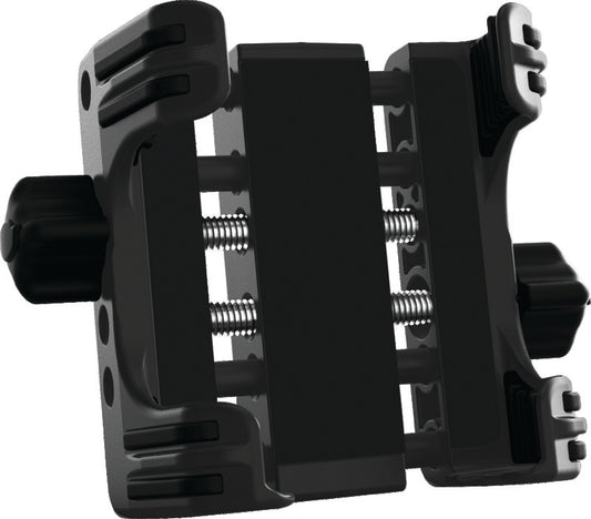 Kuryakyn Tech Connect Device Holder in black, adjustable for 1-5/8 to 3-5/8 inches wide, mounted on a motorcycle handlebar