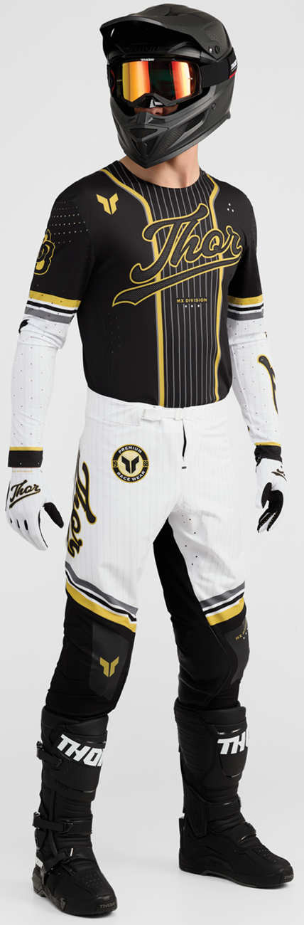 Black and gold THOR Sportmode Baller Pants in US 32, featuring athletic design and sporty style, front view.
