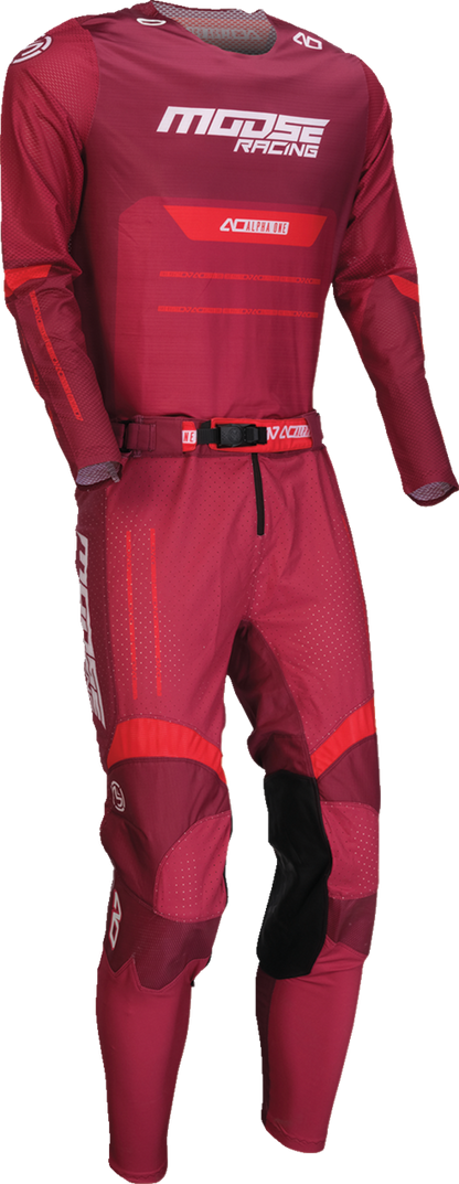 MOOSE OFFROAD Alpha One Pants in burgundy and white, US size 30 slim fit, rugged outdoor riding pants with reinforced knees.