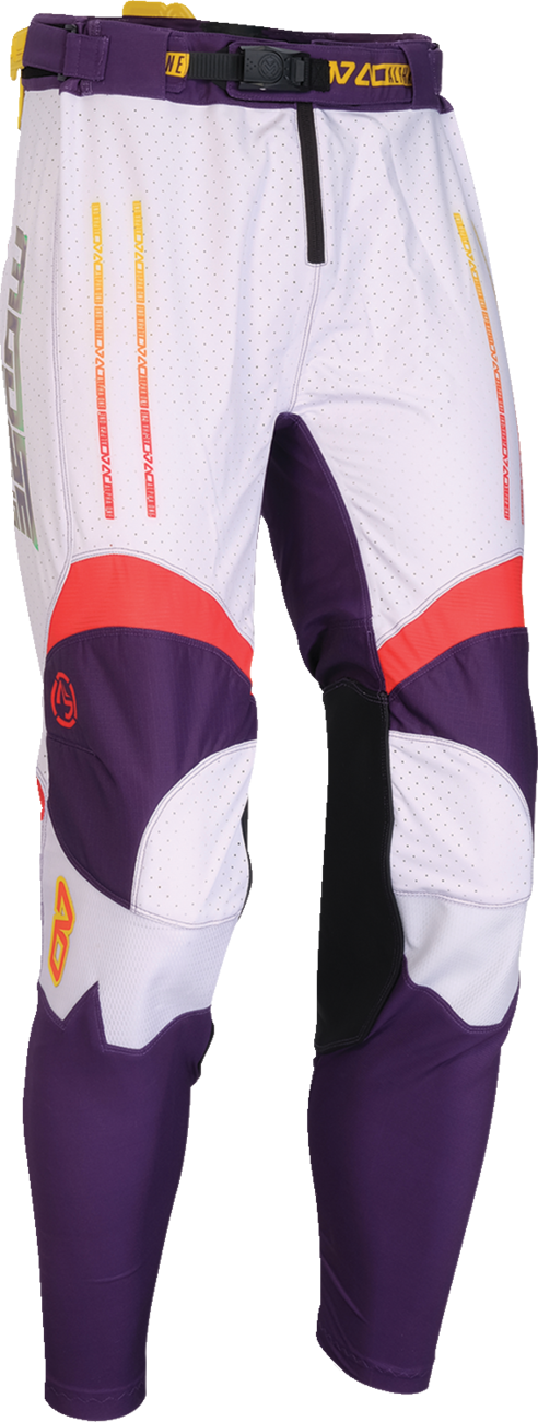 MOOSE Offroad Alpha One Pants in purple and red, slim fit, US size 30, showing durable offroad riding pants with reinforced fabric.