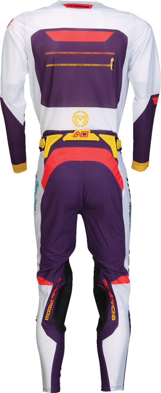 MOOSE Offroad Alpha One Pants in purple and red, US size 30, slim fit with rugged design and multiple pockets.