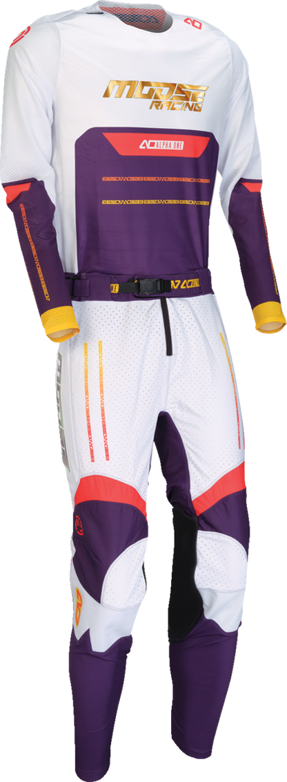 MOOSE OFFROAD Alpha One Pants in purple and red, US size 26 slim fit, showing the stylish design and durable fabric.