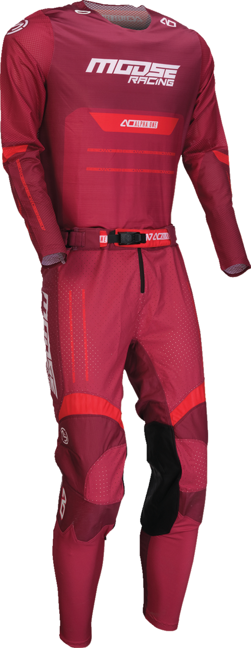 MOOSE OFFROAD Alpha One Pants in burgundy and white, US size 26 slim fit, showing rugged design and durable fabric.