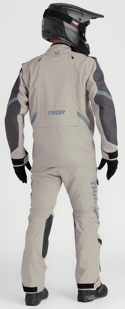 Thor Terrain over-the-boot pants in sand color, size US 28, designed for durable outdoor riding and motocross activities.