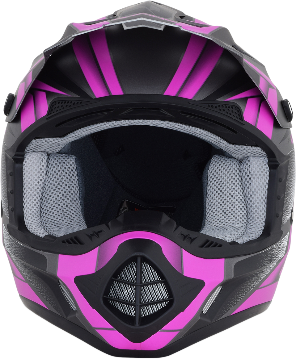 Gray and fuchsia AFX FX-17 motorcycle helmet in frost gray and fuchsia, medium size, featuring aerodynamic design and clear visor