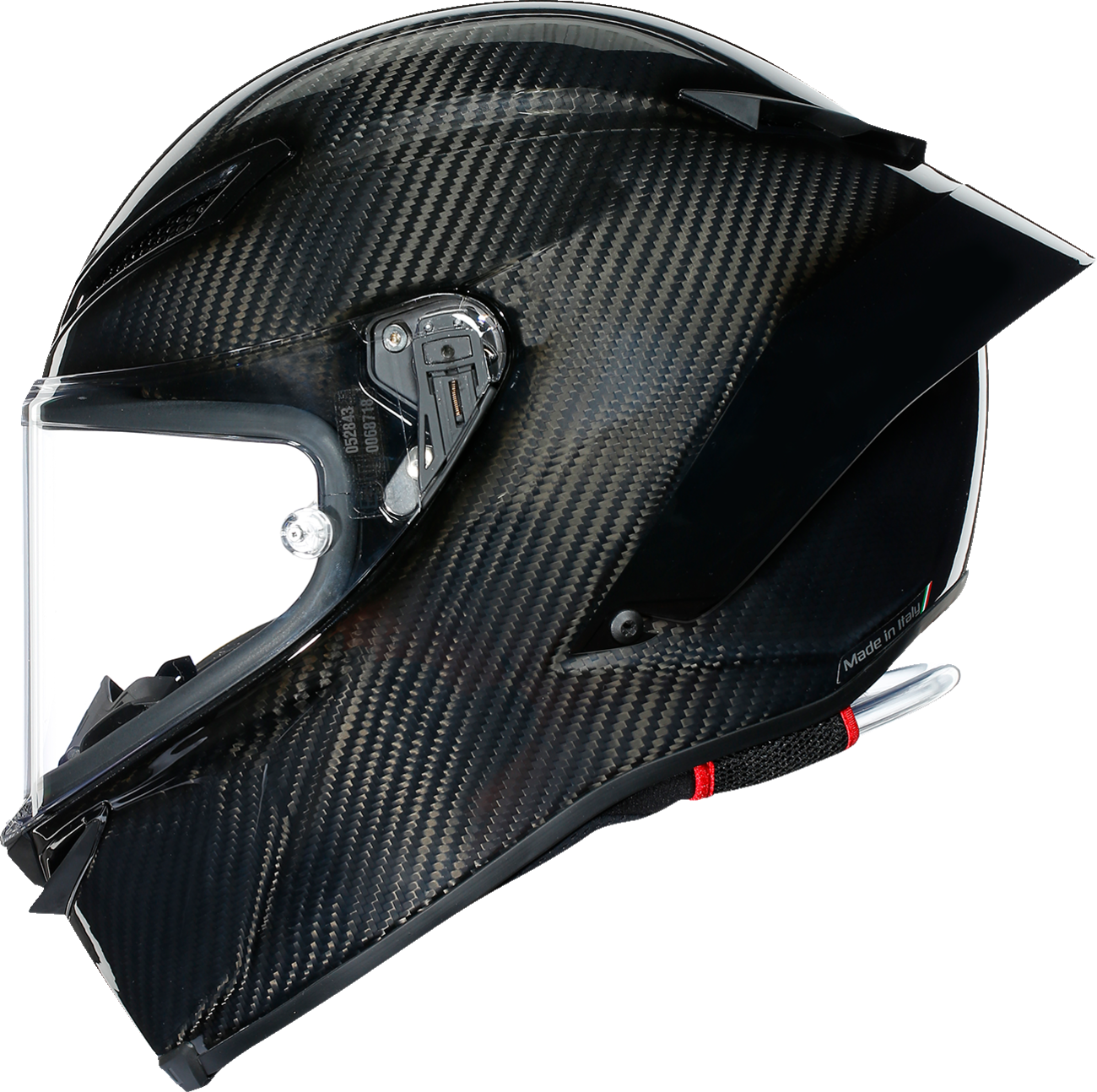 AGV Pista GP RR helmet in glossy carbon finish with FIM and ECE certification, racing helmet designed for high-performance motorcycle riding.