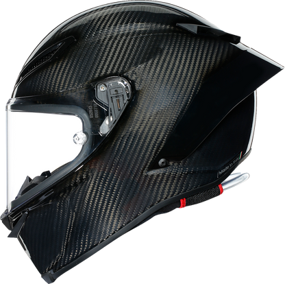 AGV Pista GP RR helmet in glossy carbon finish with FIM and ECE certification, racing helmet designed for high-performance motorcycle riding.