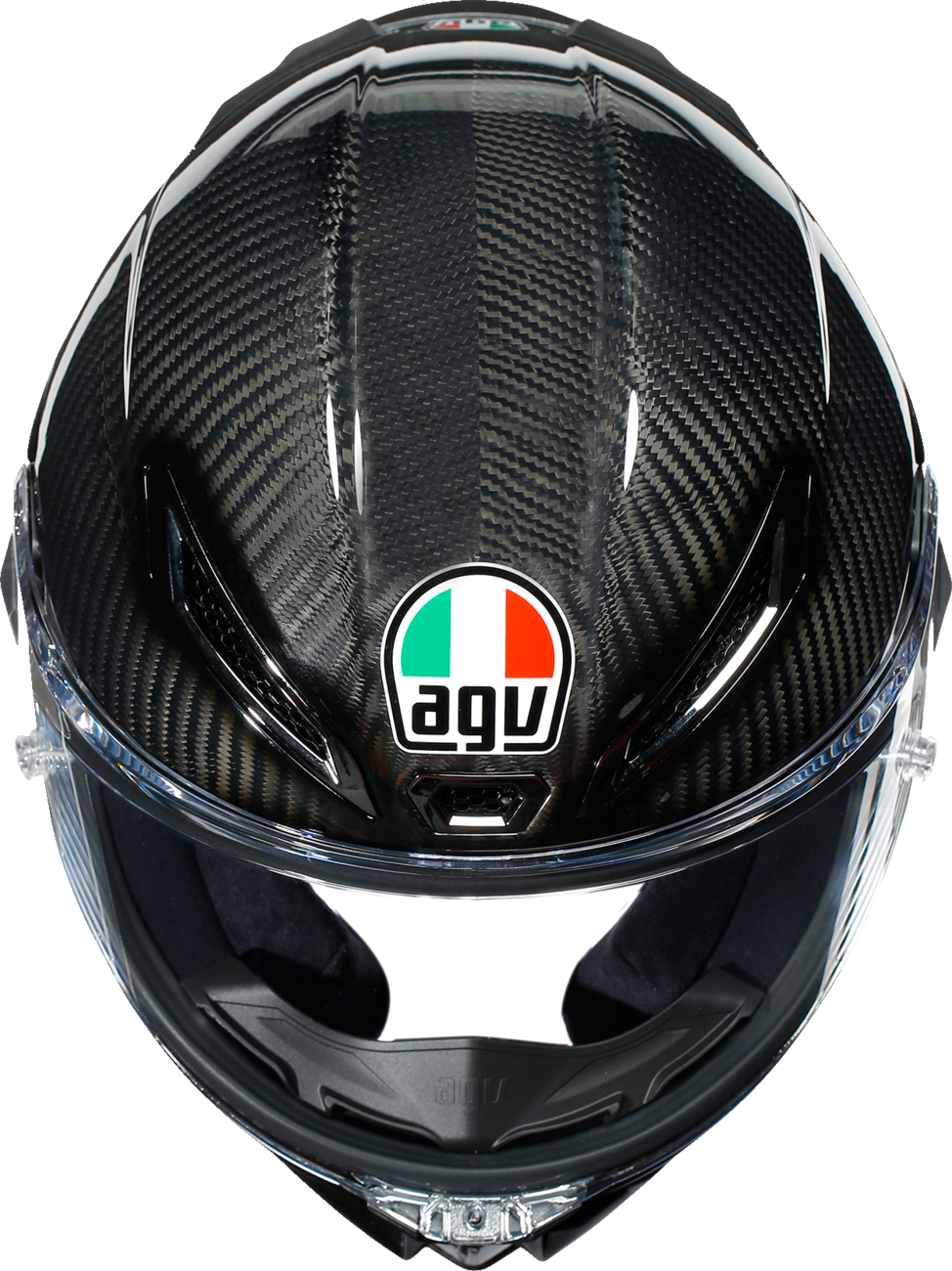 AGV Pista GP RR helmet in glossy carbon finish, FIM and ECE certified racing helmet with aerodynamic design and bold branding.