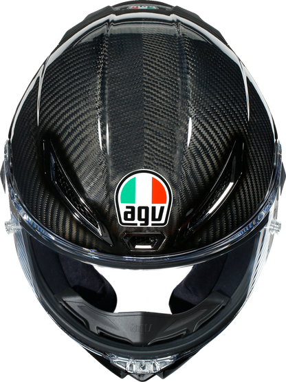 AGV Pista GP RR helmet in glossy carbon finish, FIM and ECE certified racing helmet with aerodynamic design and bold branding.