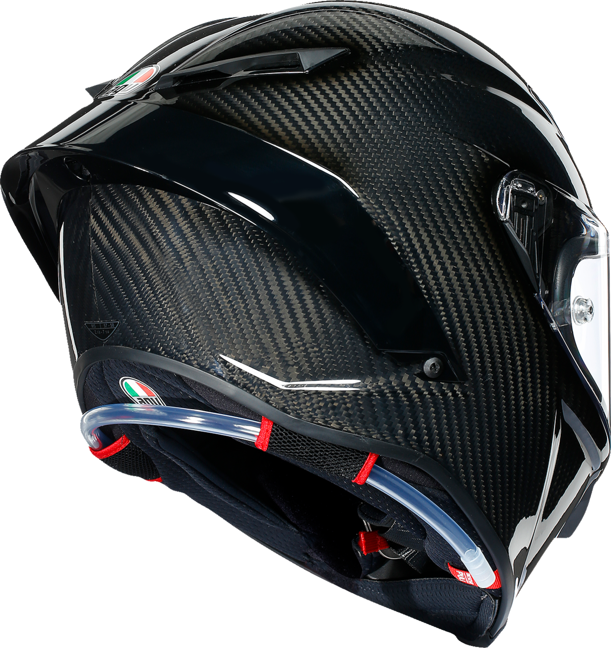 AGV Pista GP RR glossy carbon race helmet with FIM and ECE certification, featuring aerodynamic design and advanced safety features.